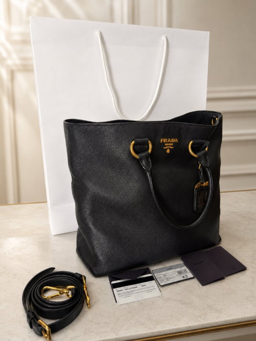 Prada Saffiano / City Calf Shoulder Bag | Black Leather | Style 1BH104